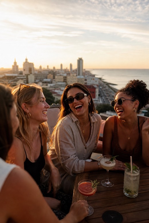 Friends sharing travel moments on a rooftop terrace